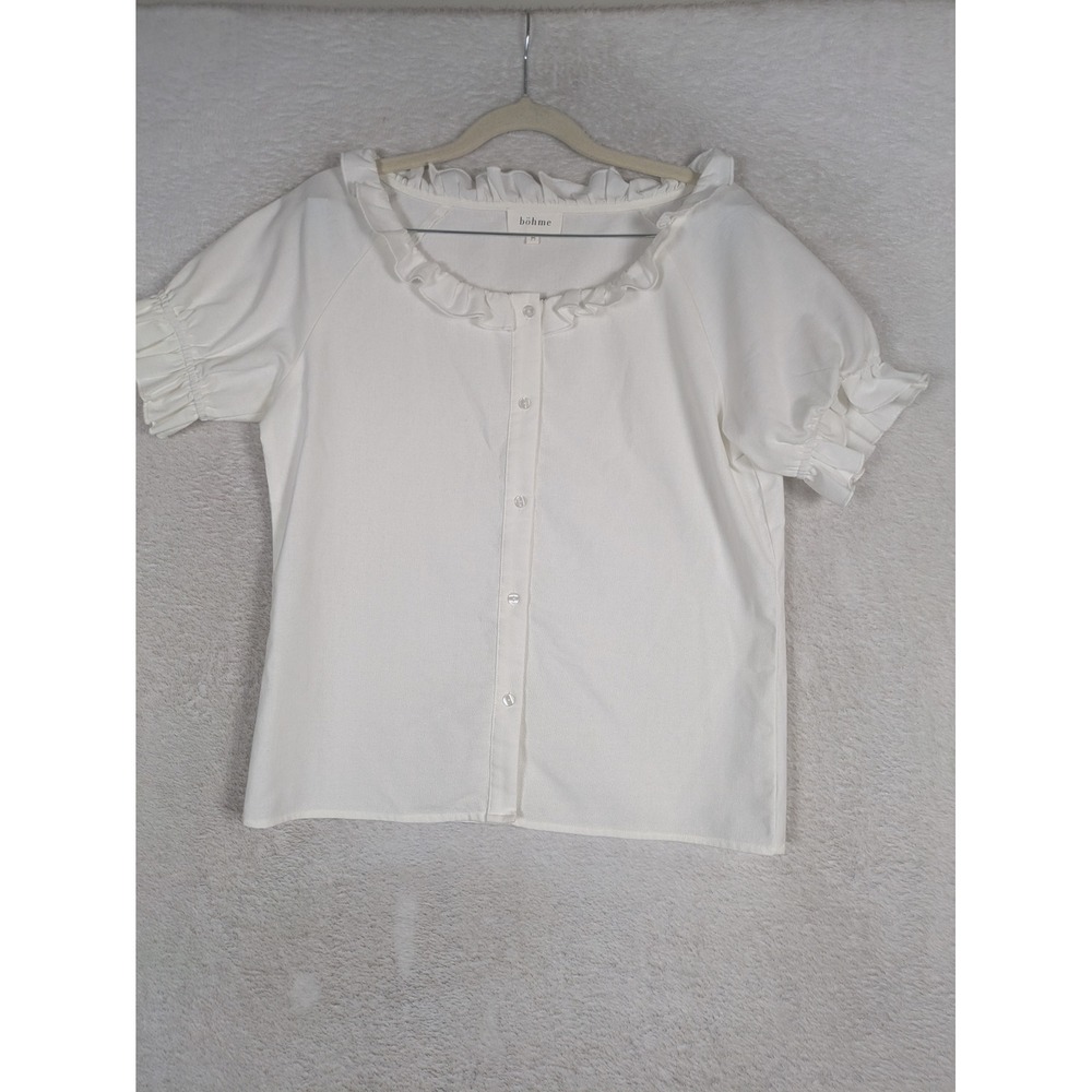 böhme Blouse Women's Medium White Ruffle Neck Linen Blend Short Puffed Sleeve